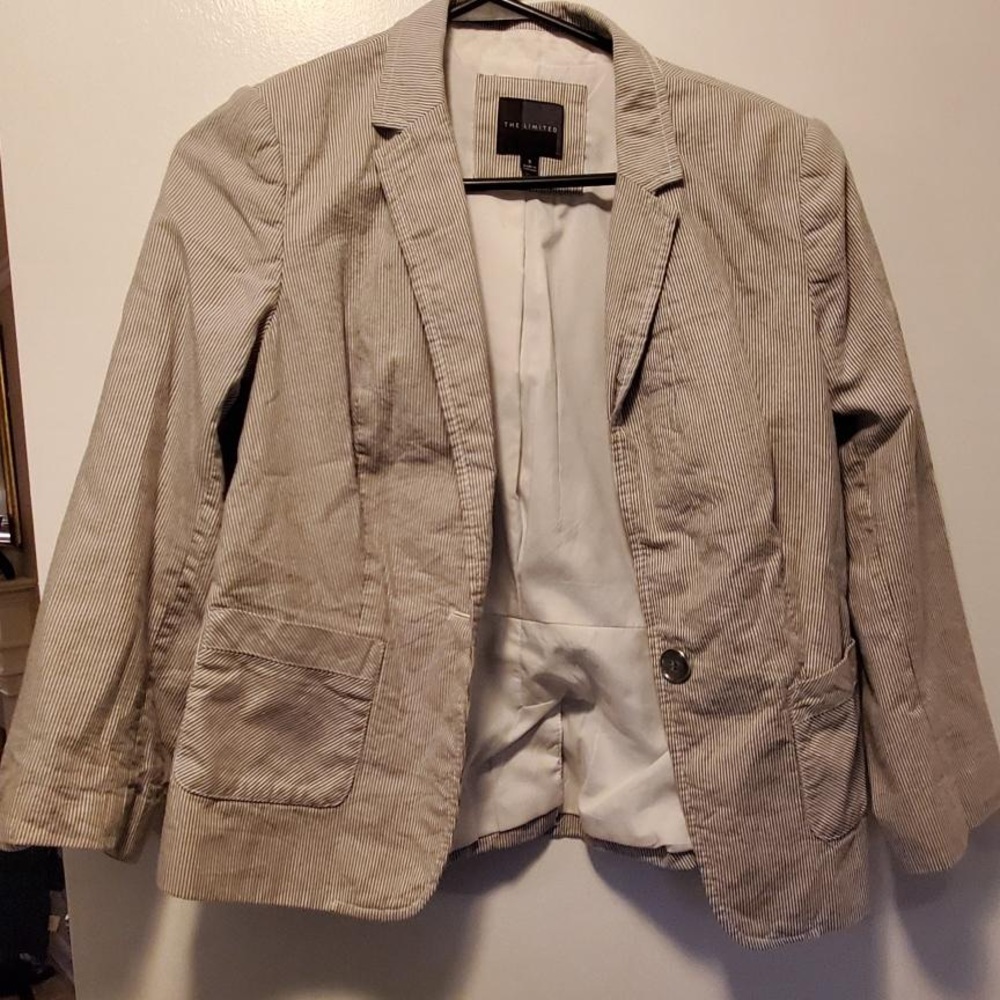 3/4 sleeve grey white pin strip blazer jacket